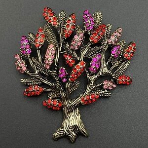 Yellow Gold with Ruby and Pink Sapphire Crystal Blooming Tree Pin Back Brooch